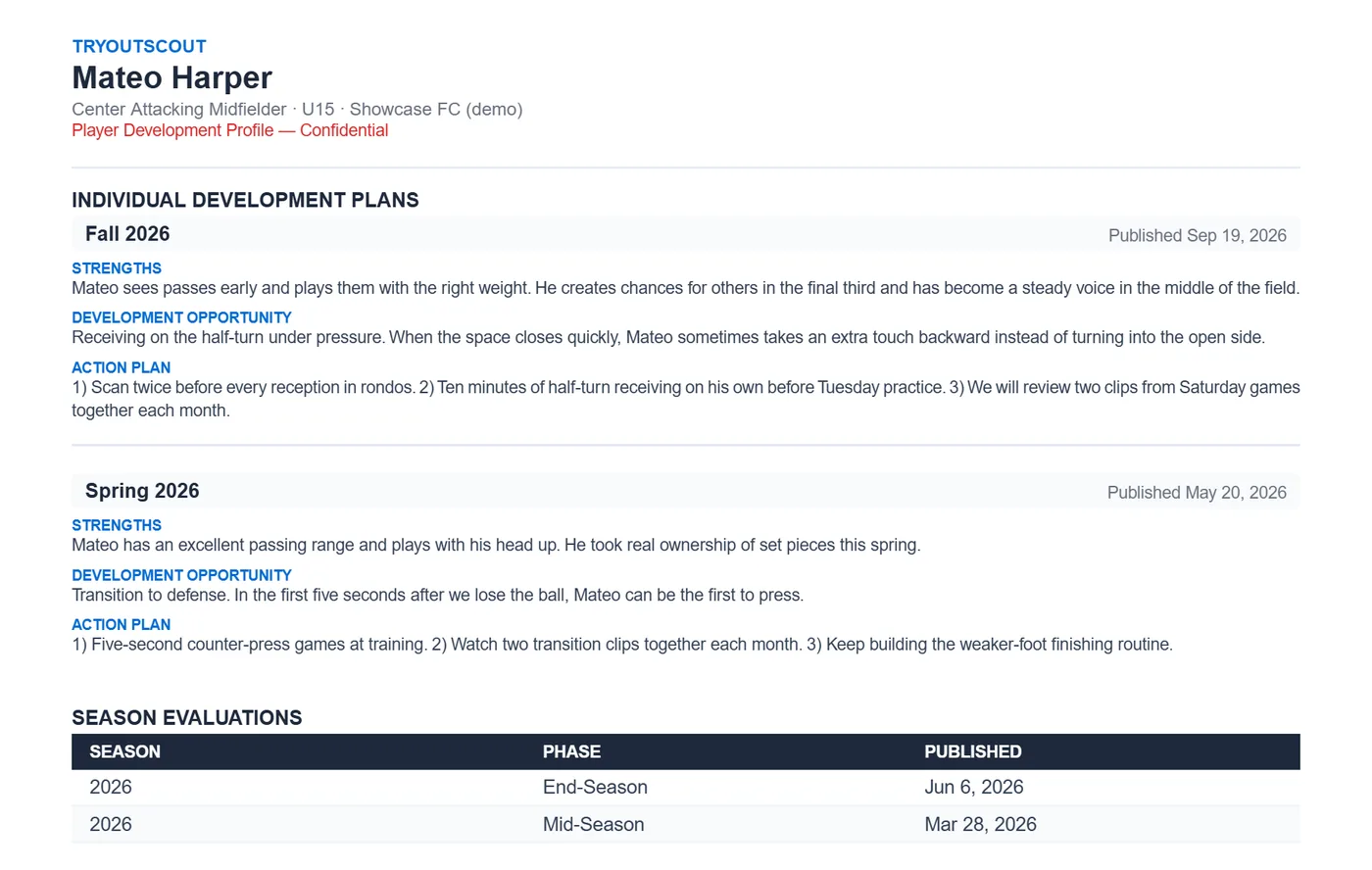 Player Passport PDF showing two Individual Development Plans with strengths, development opportunity and action plan, and a table of published season evaluations