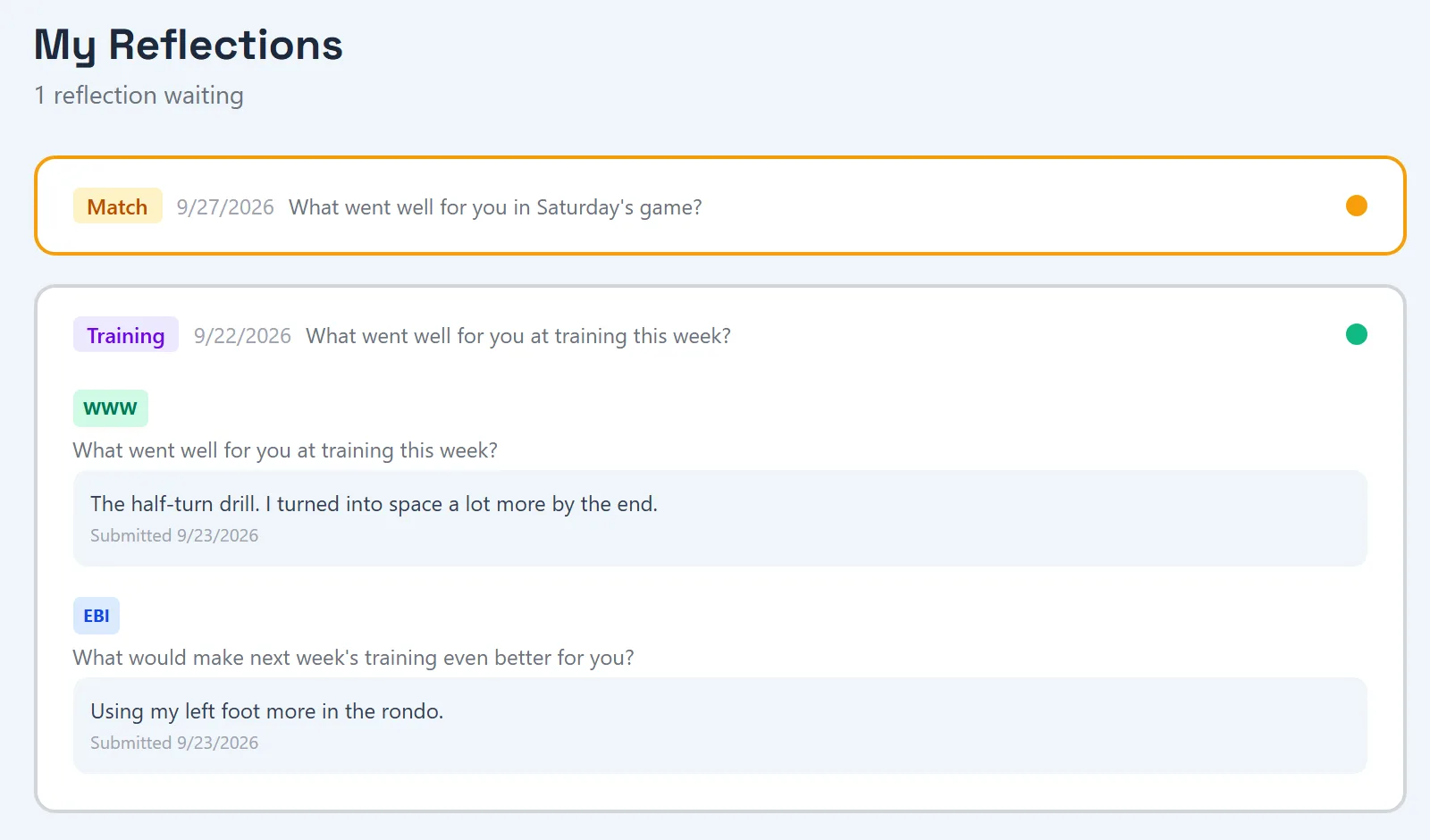 Athlete portal My Reflections page with a training reflection showing the player’s What Went Well and Even Better If answers