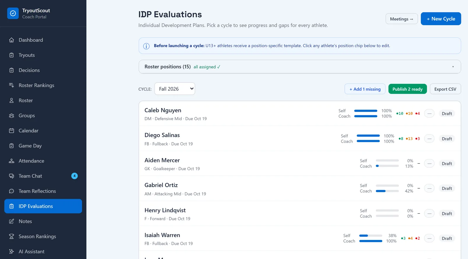 Coach portal IDP Evaluations page for the Fall 2026 cycle listing players with position, self and coach progress, and plans ready to publish
