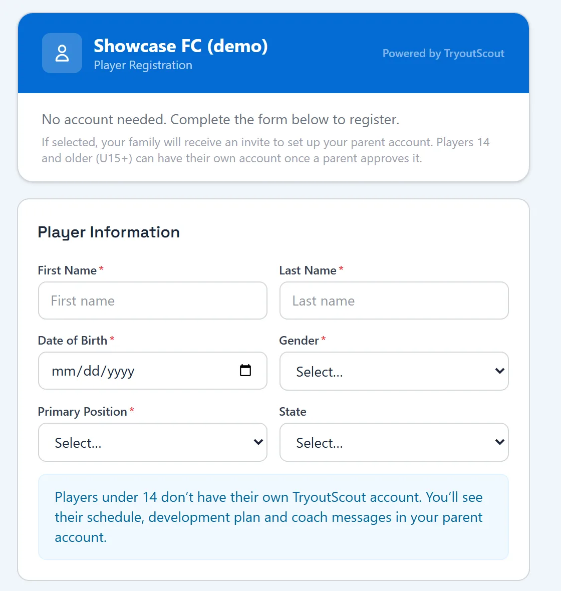 Showcase FC tryout registration form with player information fields and a note that players under 14 are managed through the parent account