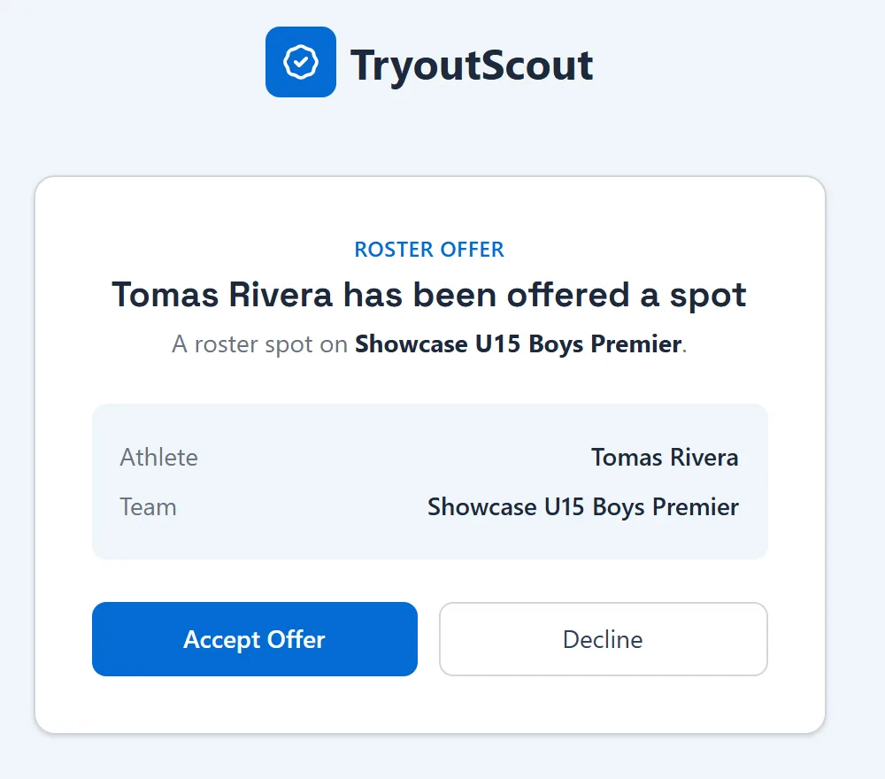 Roster offer page a parent opens to accept or decline a spot on the Showcase U15 Boys Premier team