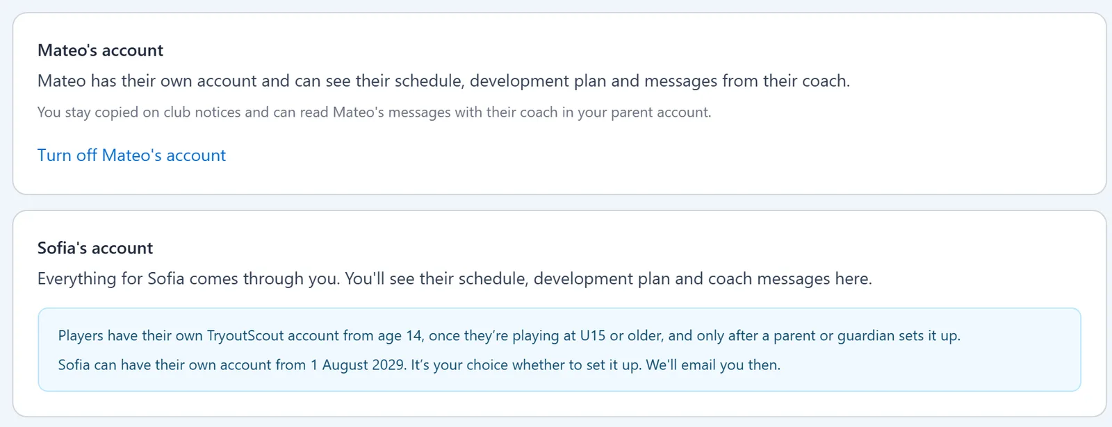 Parent dashboard cards: an older child with their own account, and a younger child whose account runs through the parent until they are eligible