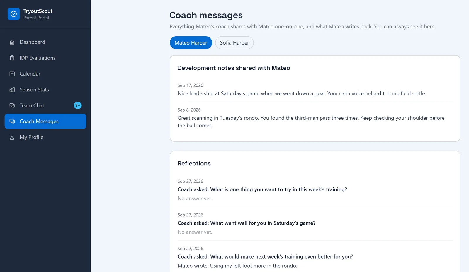 Parent portal Coach Messages page showing development notes the coach shared and the player’s answers to reflection prompts